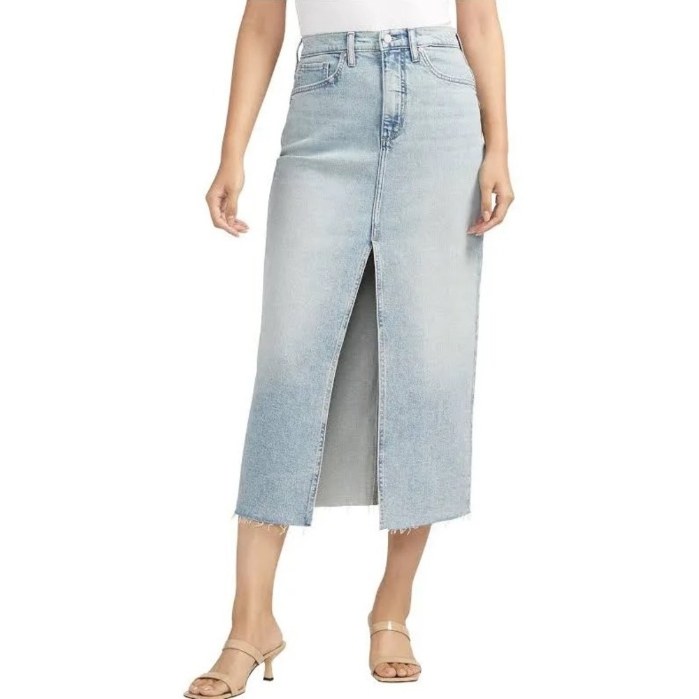 Silver Jeans | Denim Midi Skirt Light Wash Frayed Hem Front Slit Size 29